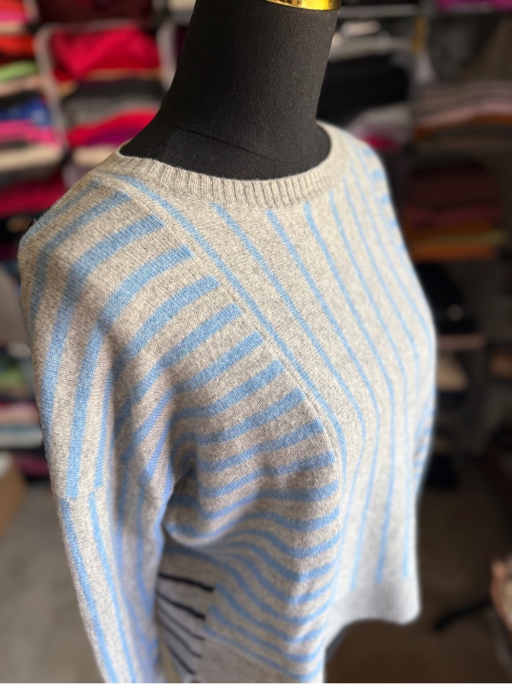 Unique Women’s Lightweight Gray & Light Blue Striped Cashmere Sweater